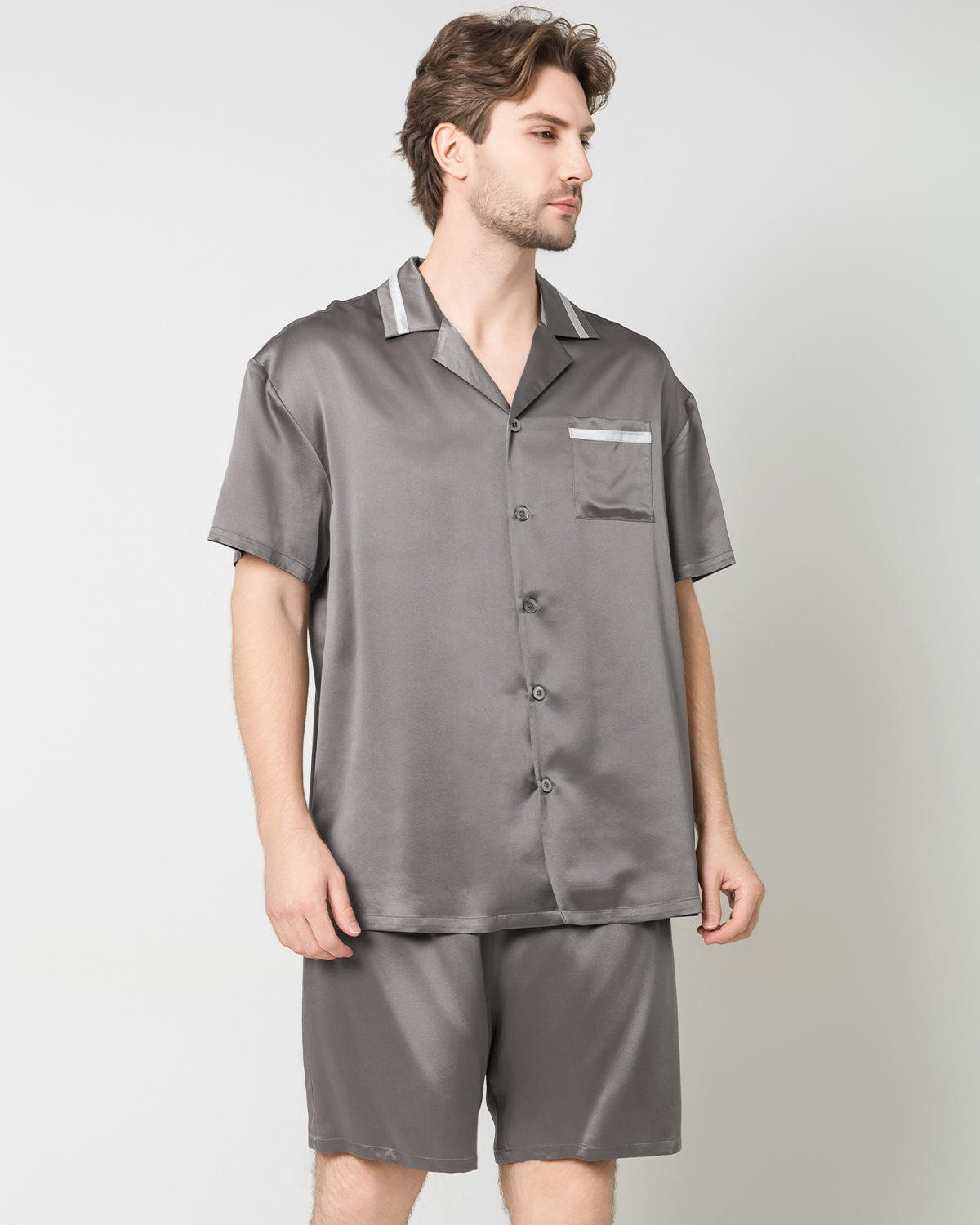 Men's Classic Silk Short Pajamas Set, Dark Grey