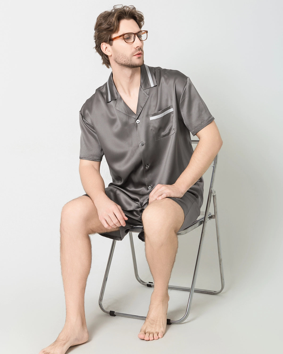 Men's Classic Silk Short Pajamas Set, Dark Grey