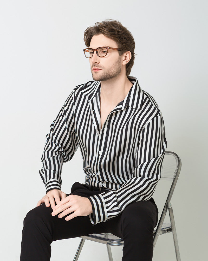 Men's Silk Basic Striped Shirt, Black and White