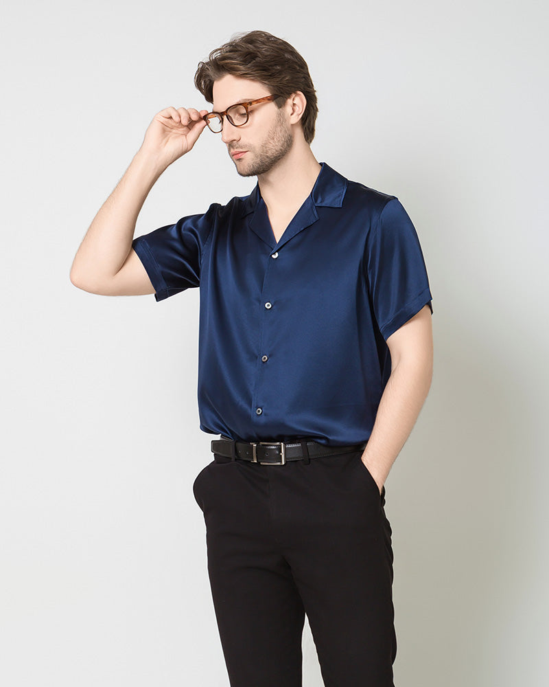 Men's Silk Short Sleeve Business Shirt, Navy