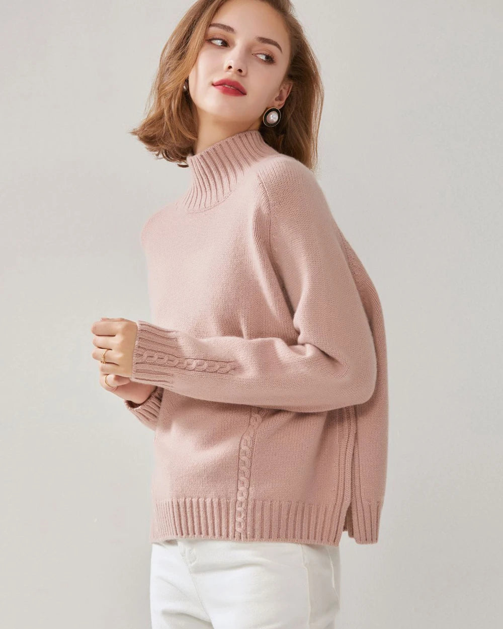 Oversized Mock Neck Cashmere Sweater, Pink