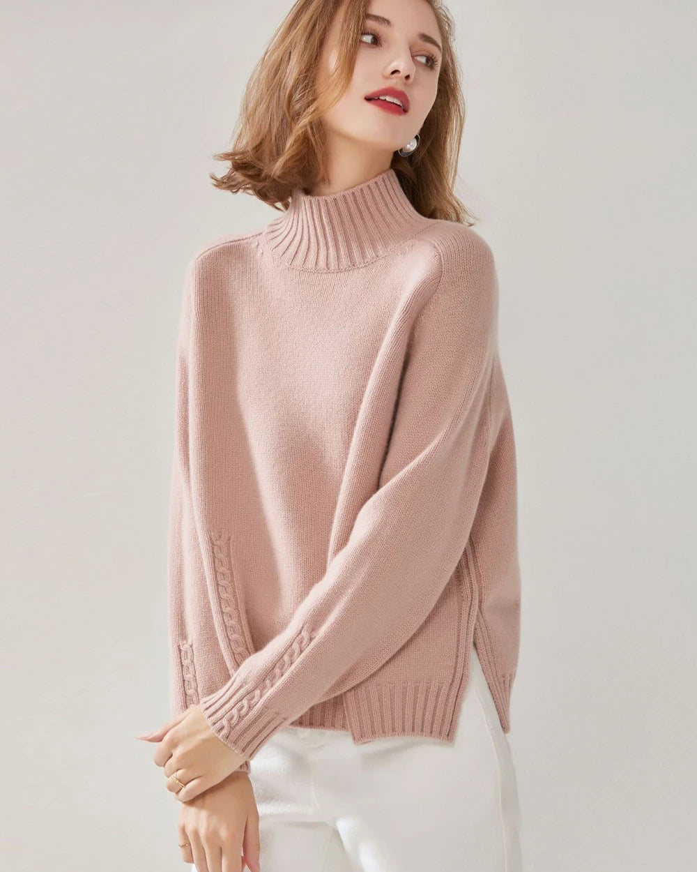 Oversized Mock Neck Cashmere Sweater, Pink
