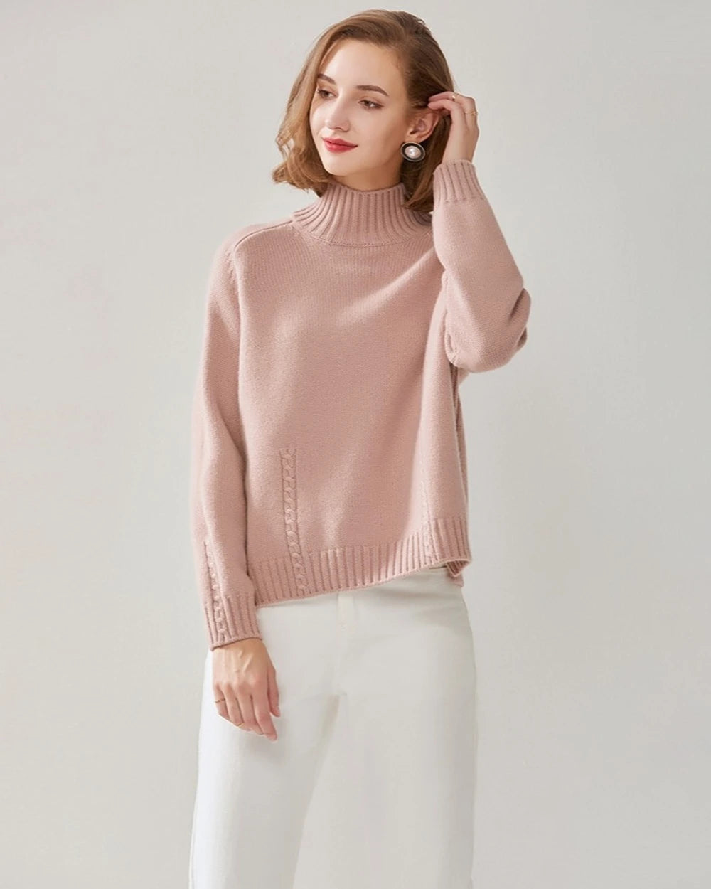 Oversized Mock Neck Cashmere Sweater, Pink