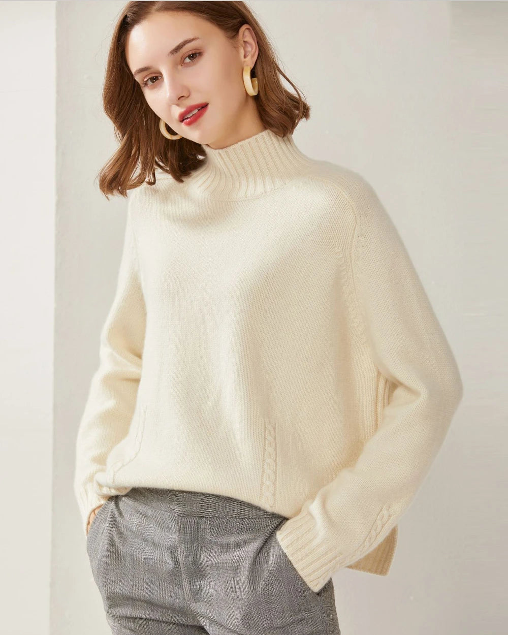 Oversized Mock Neck Cashmere Sweater, White