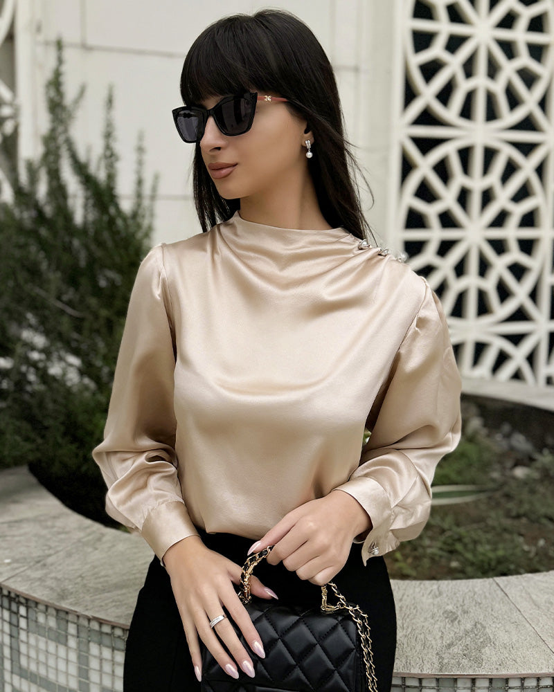 Mock Neck Silk Blouse with Pearl Button, Champagne