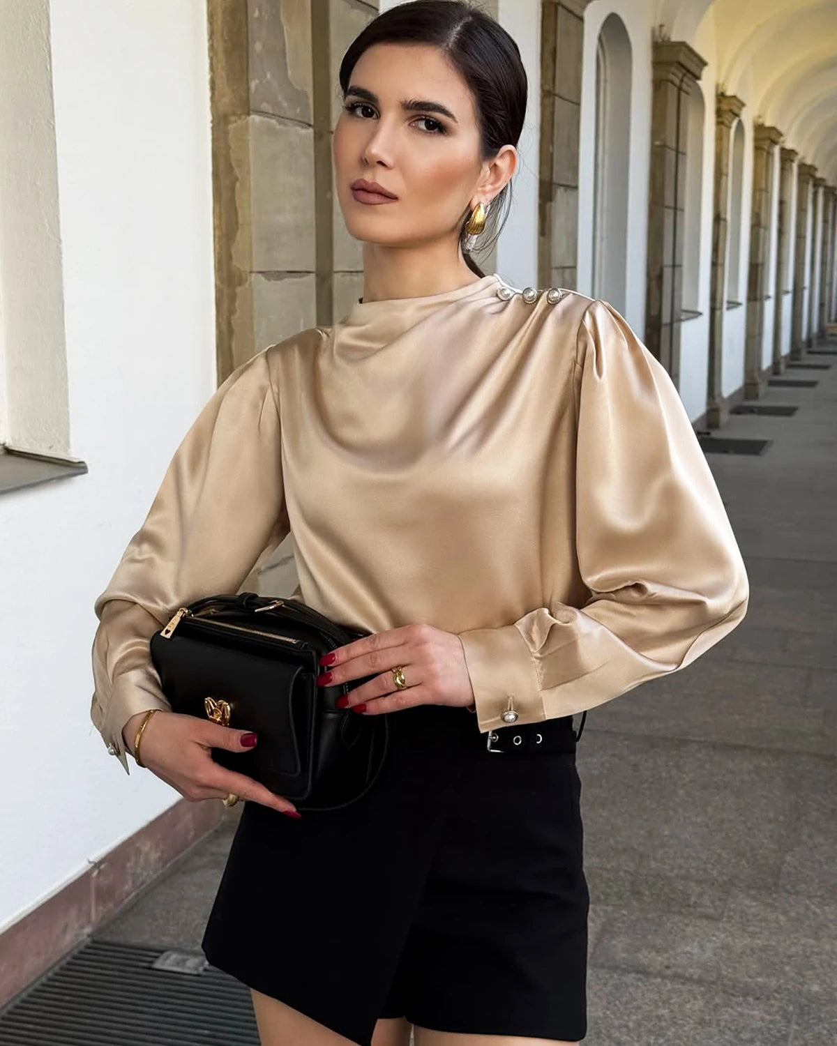 Mock Neck Silk Blouse with Pearl Button, Champagne