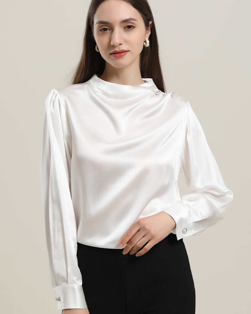 Mock Neck Silk Blouse with Pearl Button, White