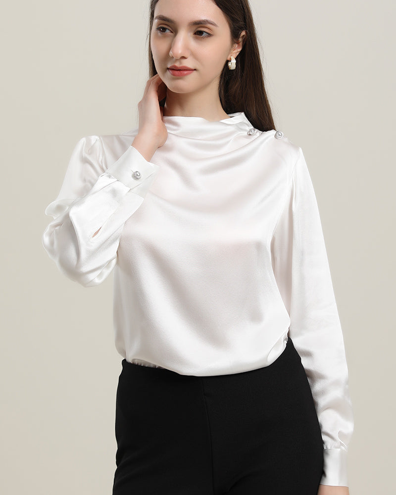Mock Neck Silk Blouse with Pearl Button, White