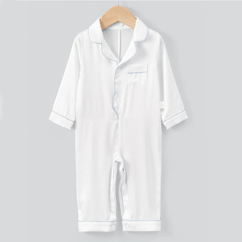 One-piece Baby Silk Pajamas, White and Blue