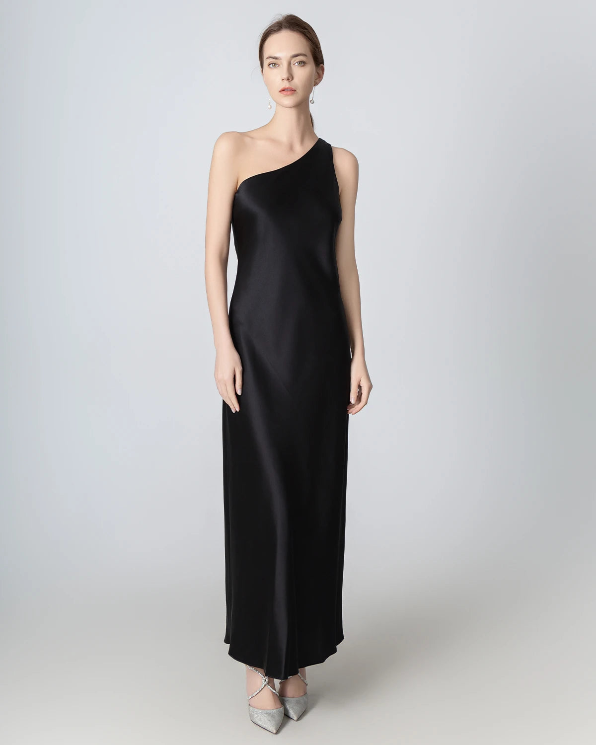 One Shoulder Maxi Silk Dress, Black