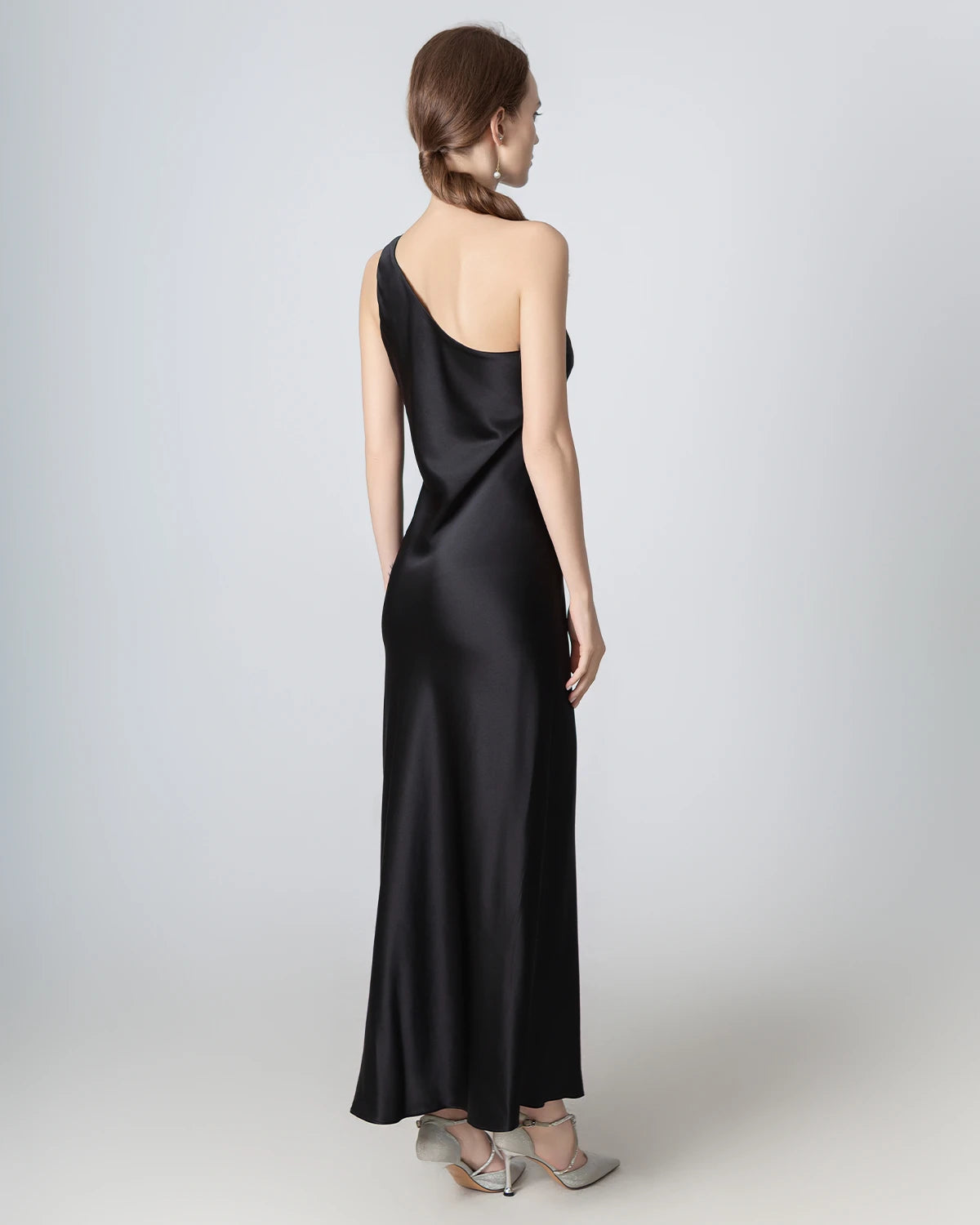 One Shoulder Maxi Silk Dress, Black
