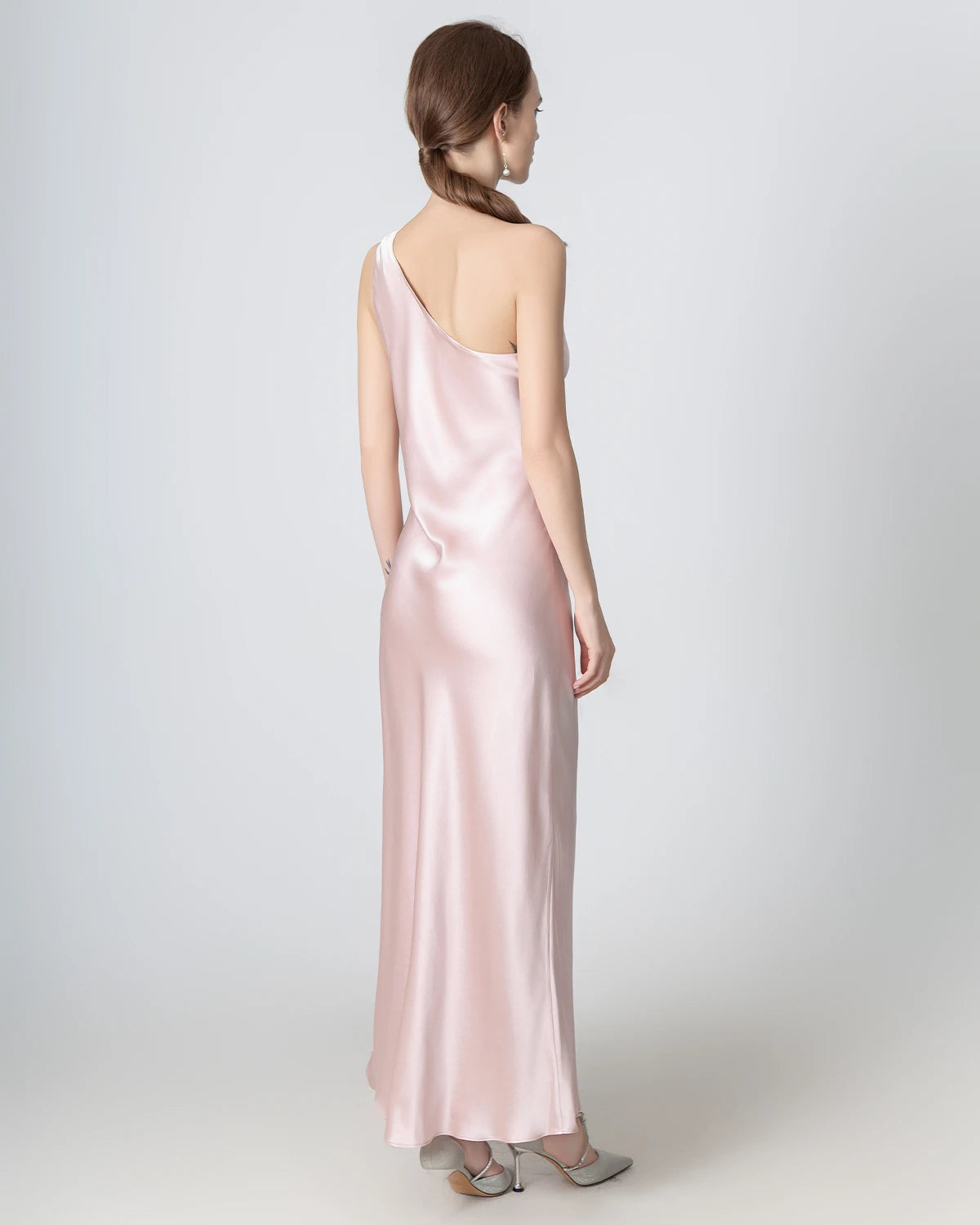 One Shoulder Maxi Silk Dress, Pink