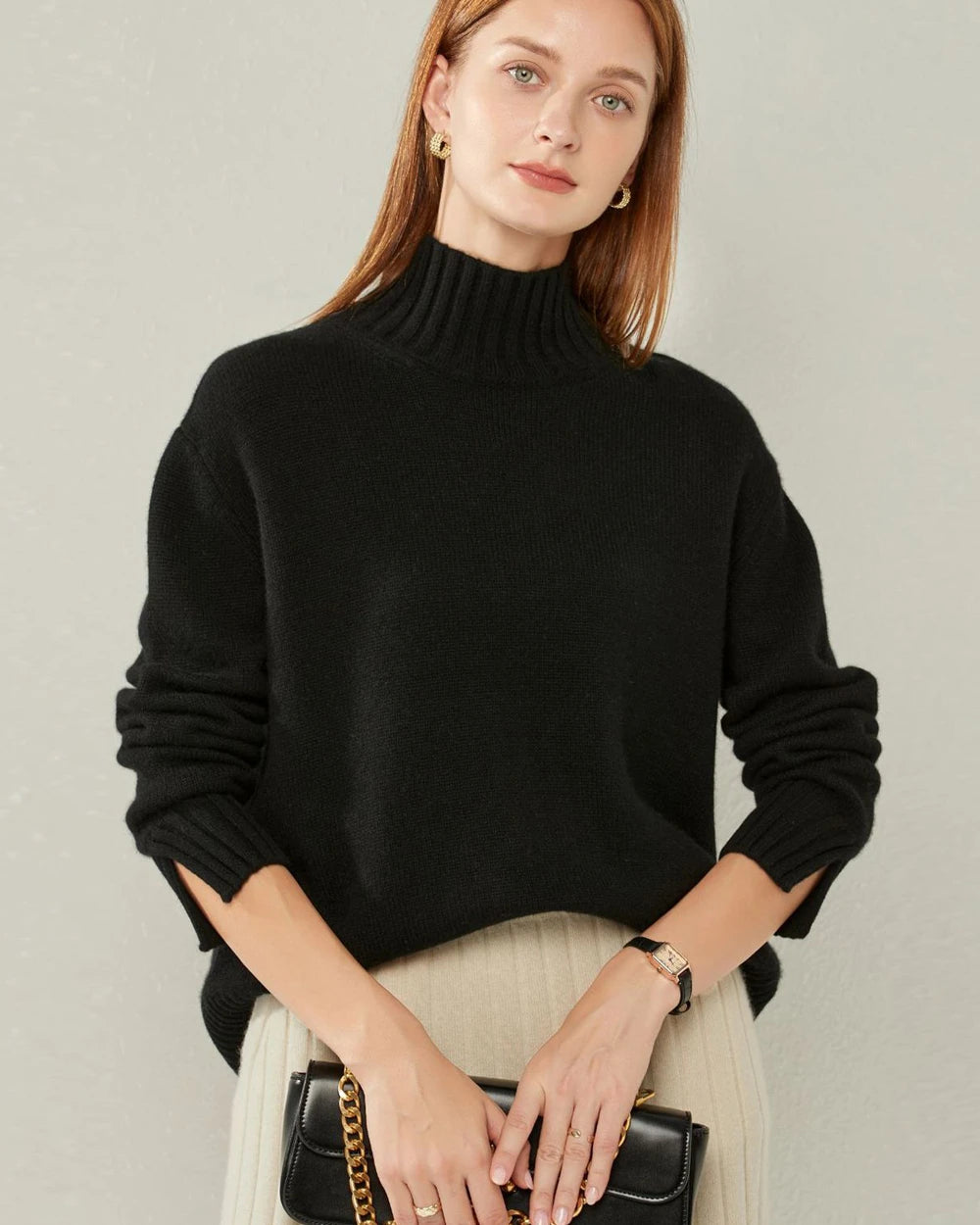 Oversized Turtleneck Cashmere Sweater, Black