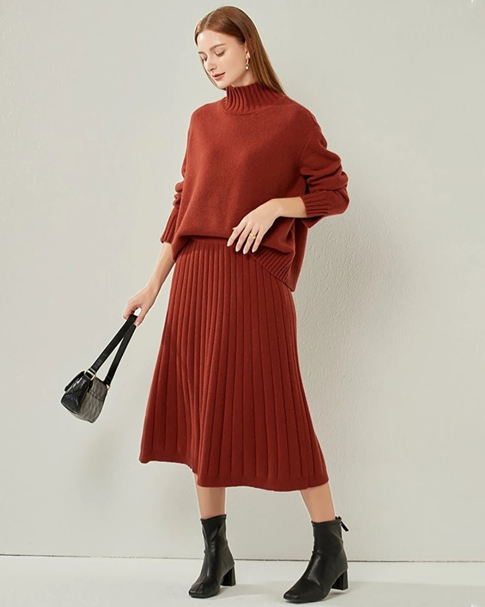 Oversized Turtleneck Cashmere Sweater, Dark Red