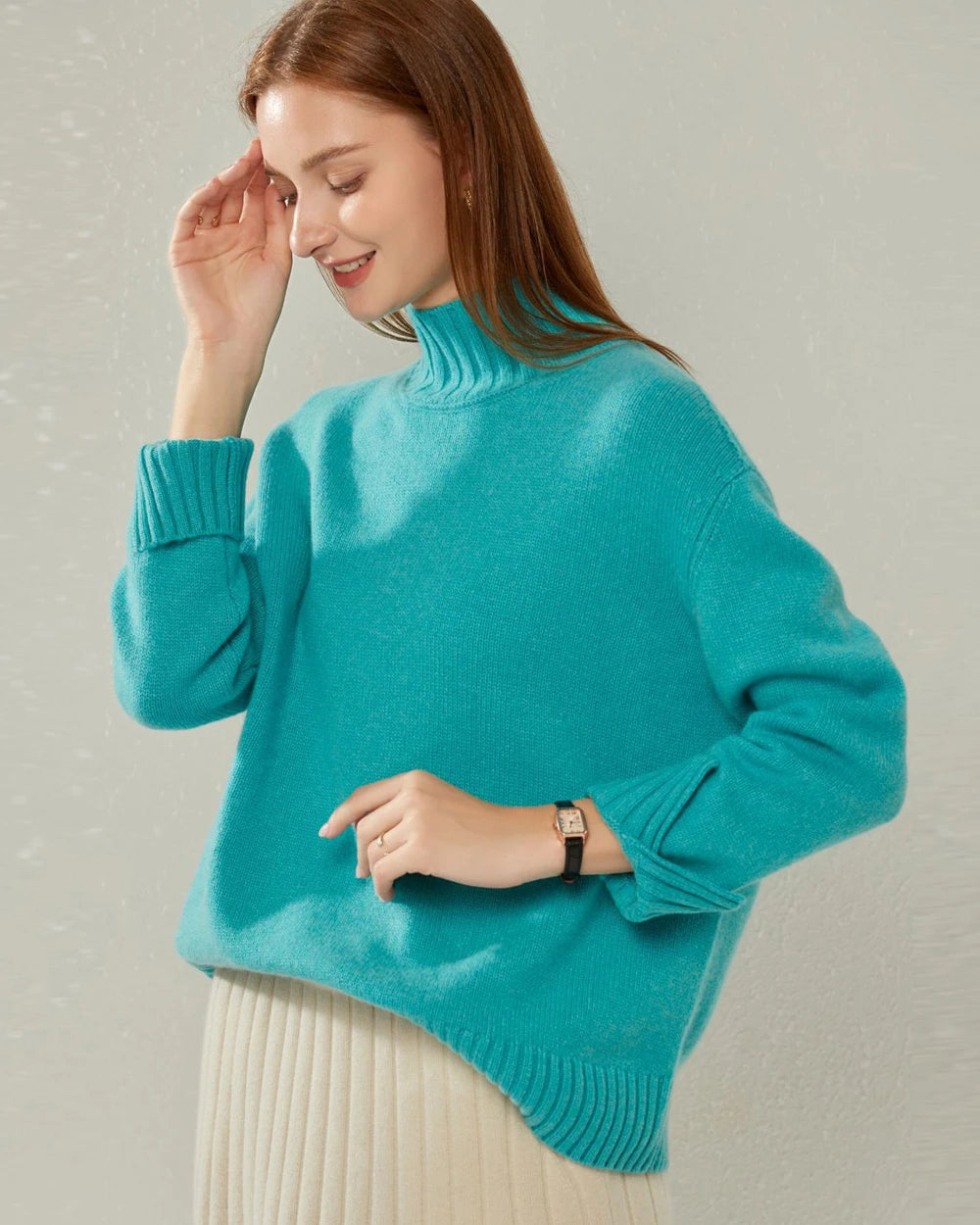 Oversized Turtleneck Cashmere Sweater, Lake Blue