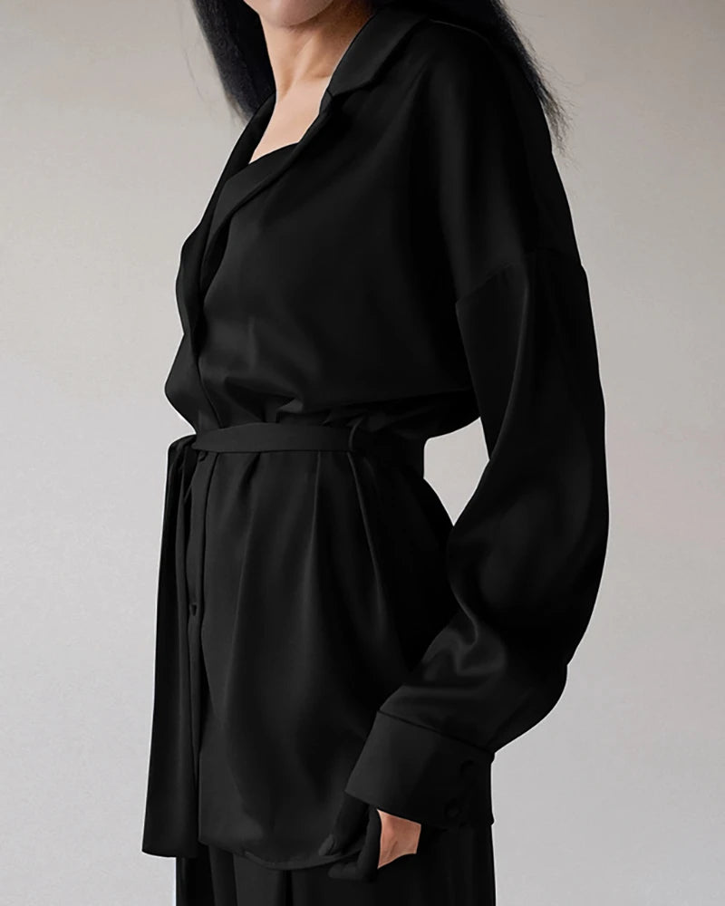Oversized Silk Pajamas Set with Belt, Black