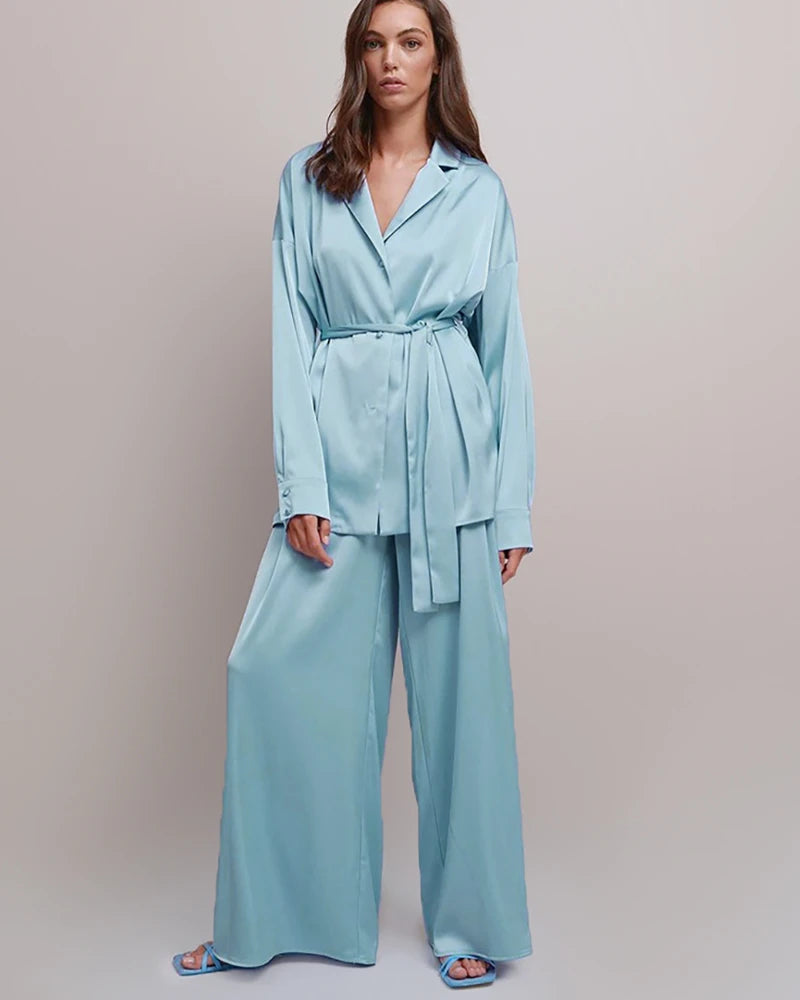 Oversized Silk Pajamas Set with Belt, Haze Blue