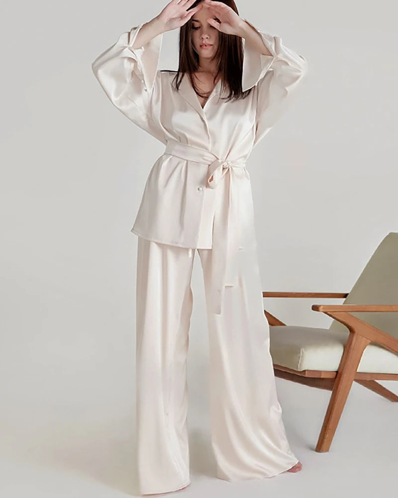Oversized Silk Pajamas Set with Belt, White