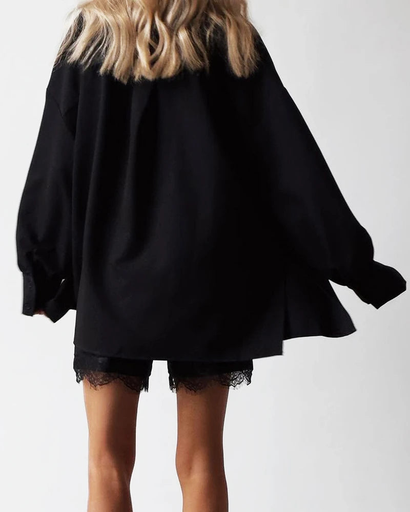 Oversized Silk Shirt Shorts Pajamas Set, Black