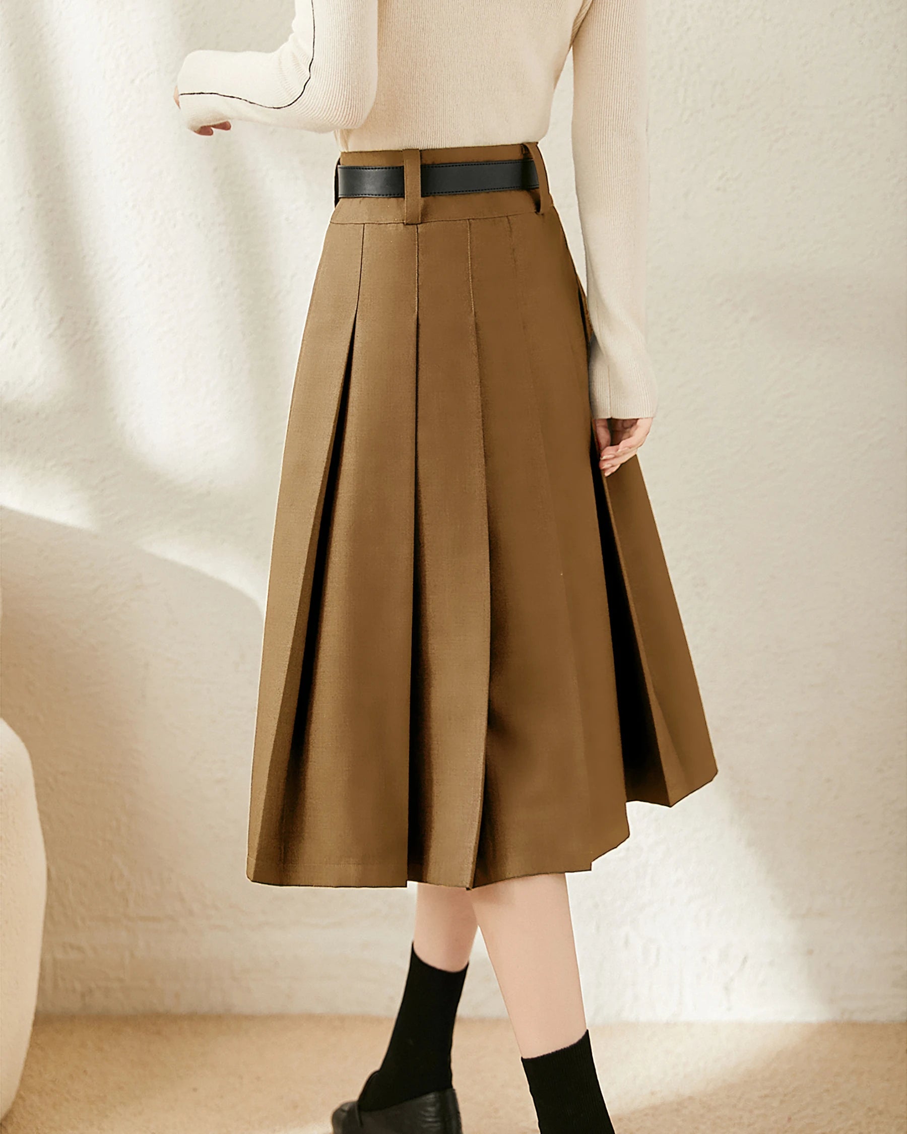 A Line Pleated Wool Midi Skirt, Camel