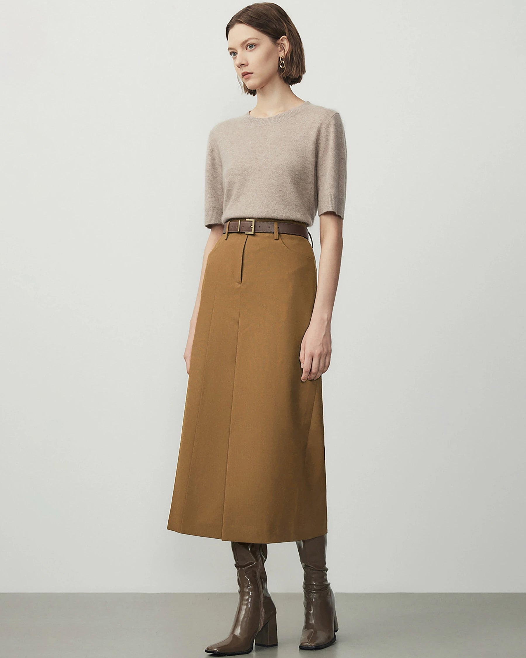 A Line Wool Midi Skirt, Caramel, Camel
