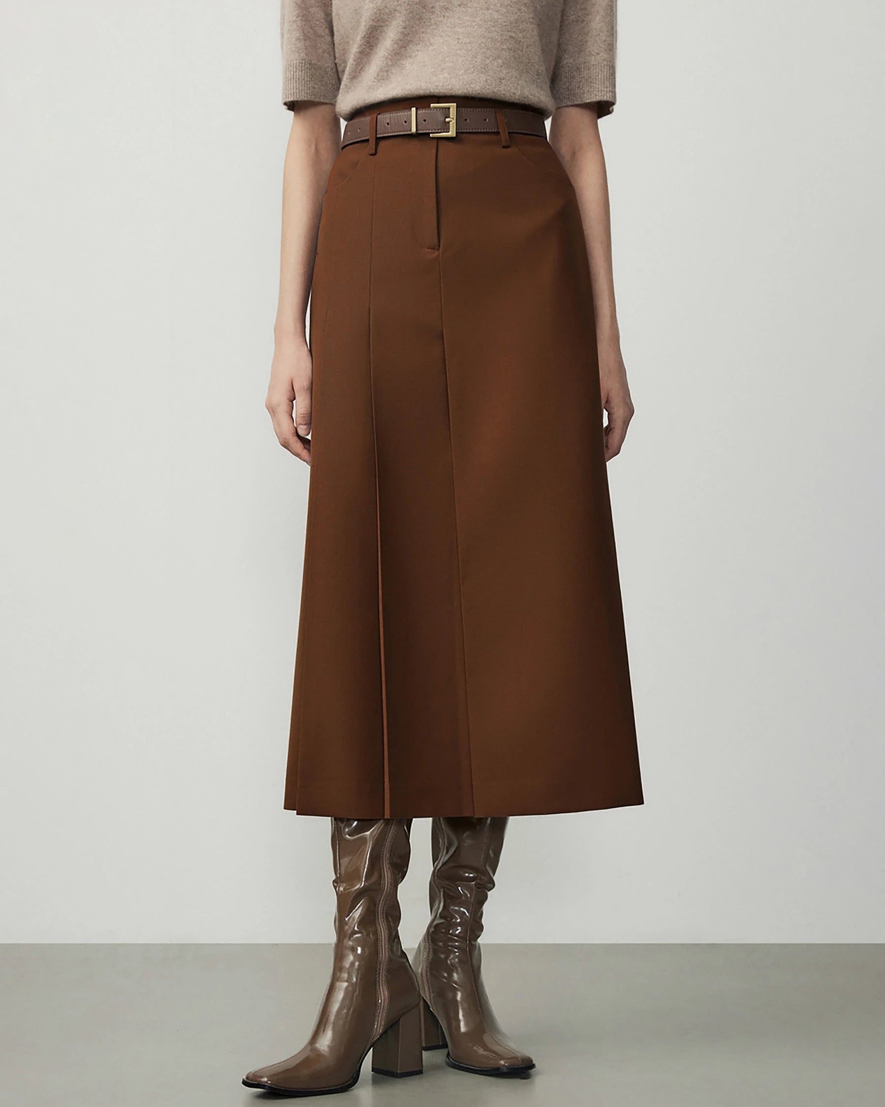 A Line Wool Midi Skirt, Caramel