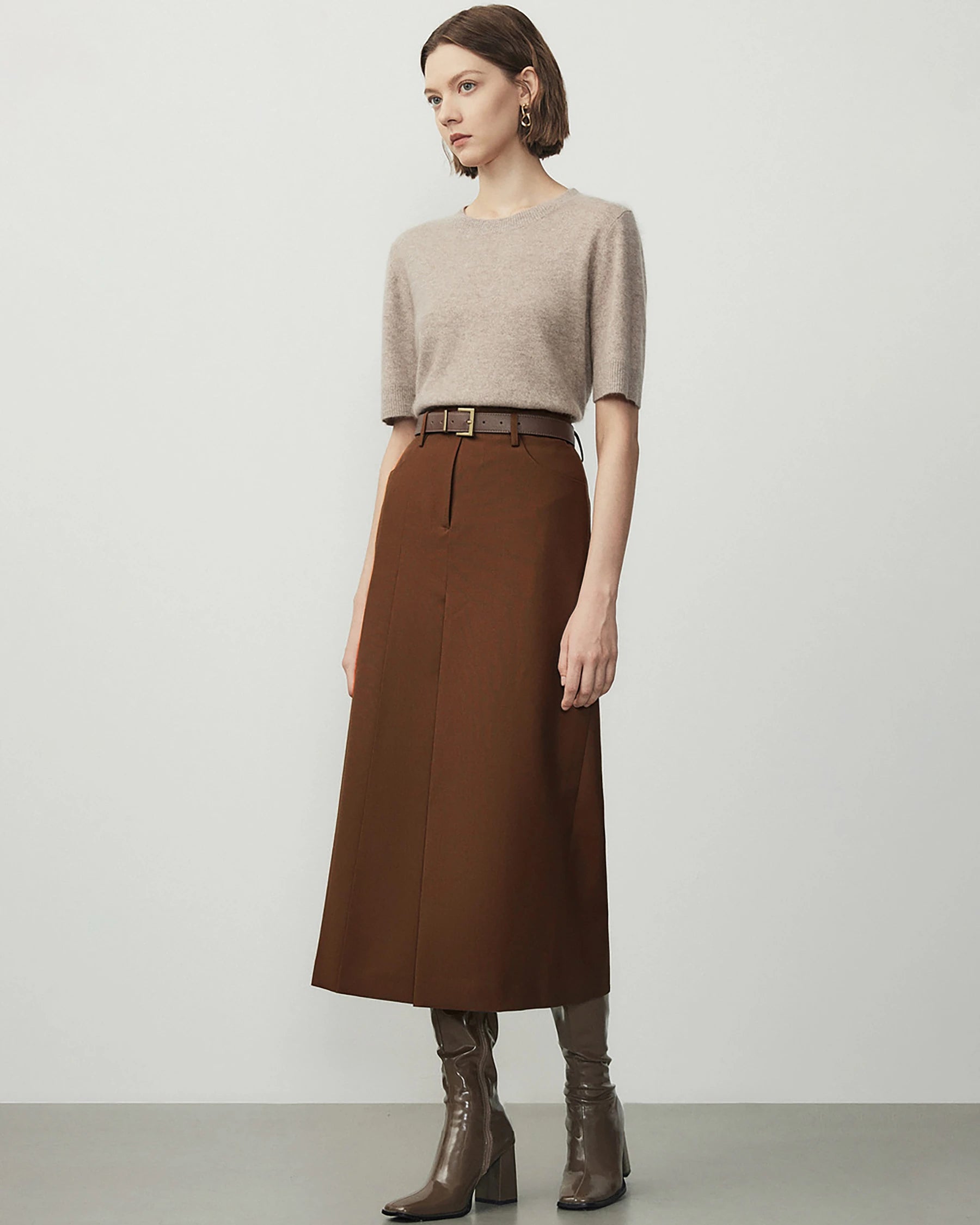 A Line Wool Midi Skirt, Caramel