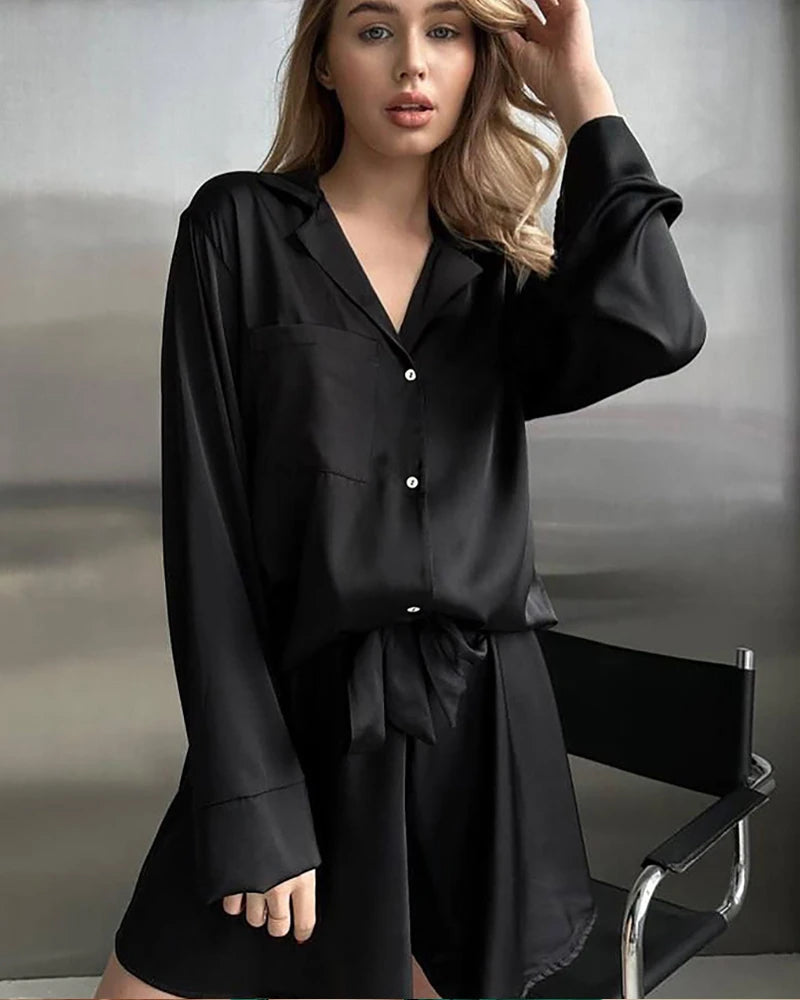 Plus Size Silk Shirts and Shorts PJs, Black
