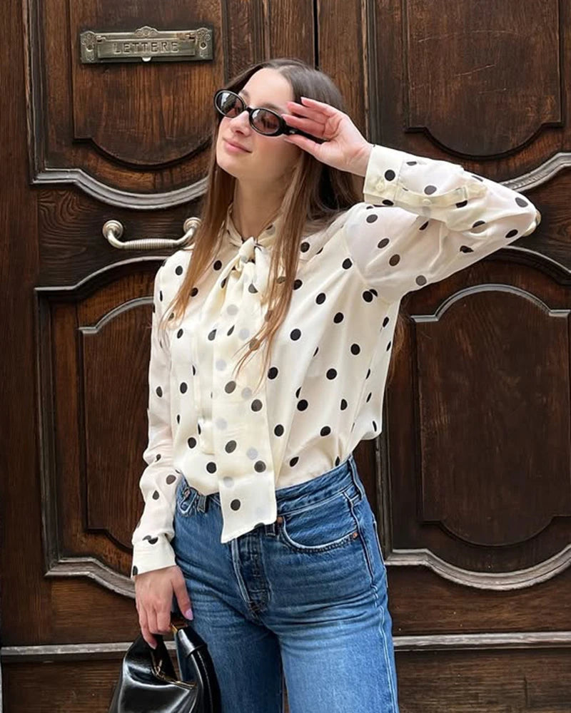 Polka Dot Tie Front Silk Blouse, Cream and Black