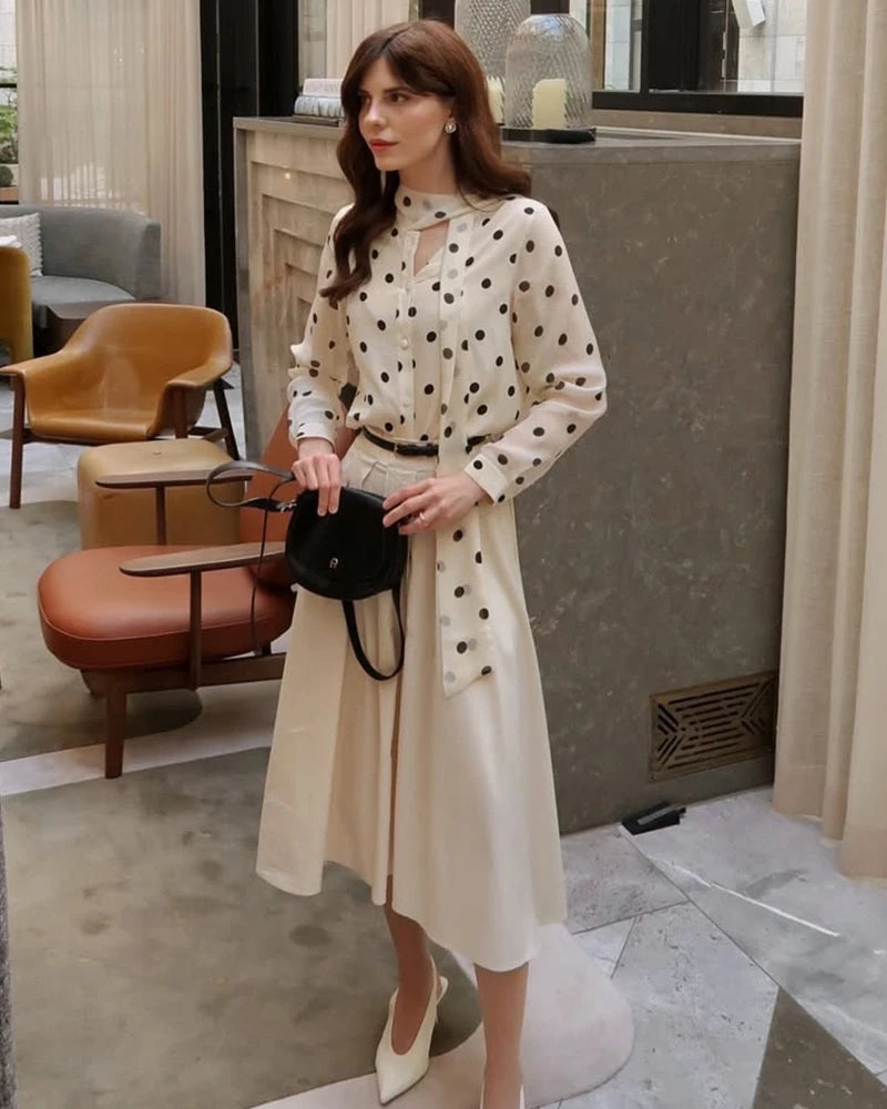 Polka Dot Tie Front Silk Blouse, Cream and Black