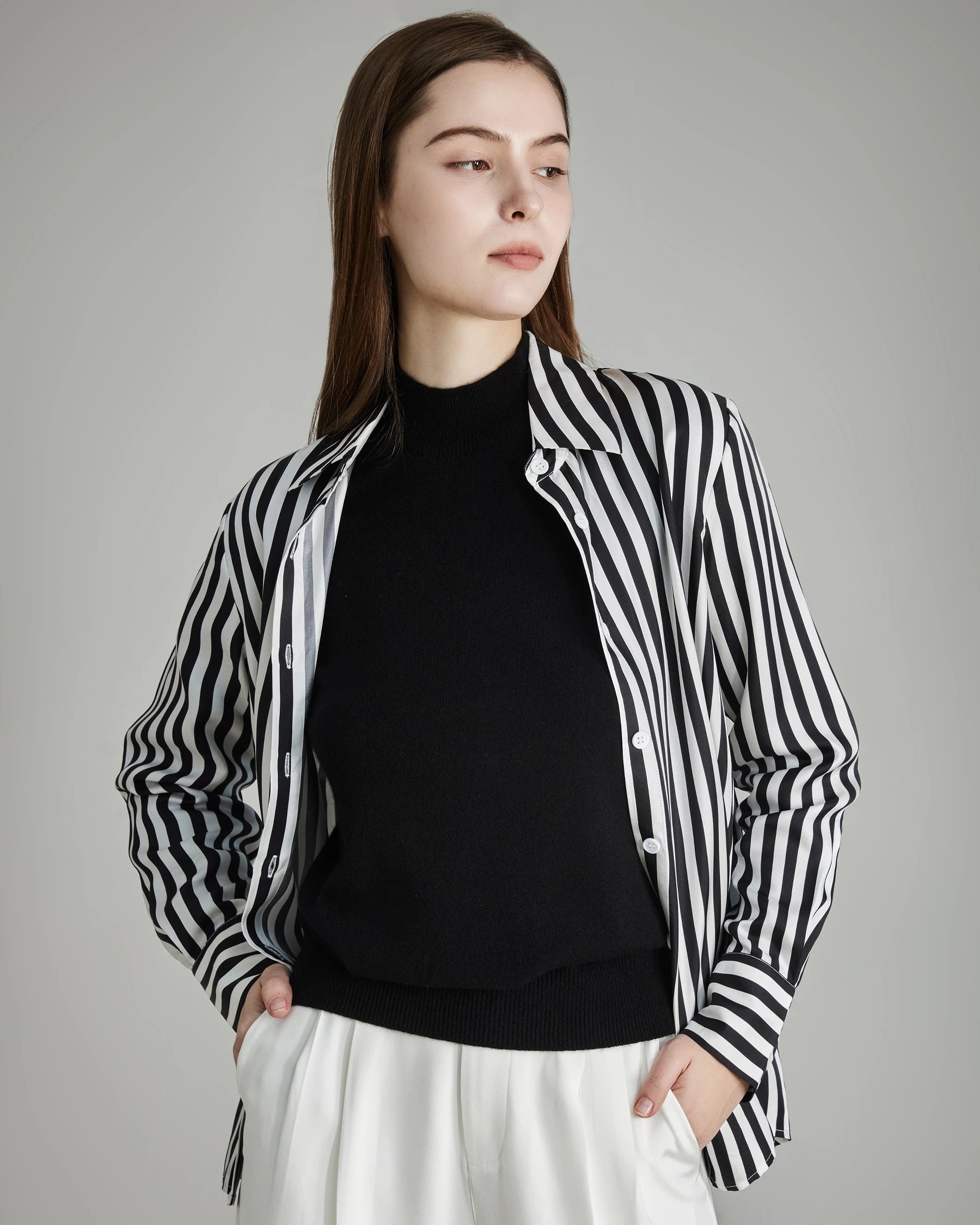 Oversize Vertical Stripe Silk Shirt, Black