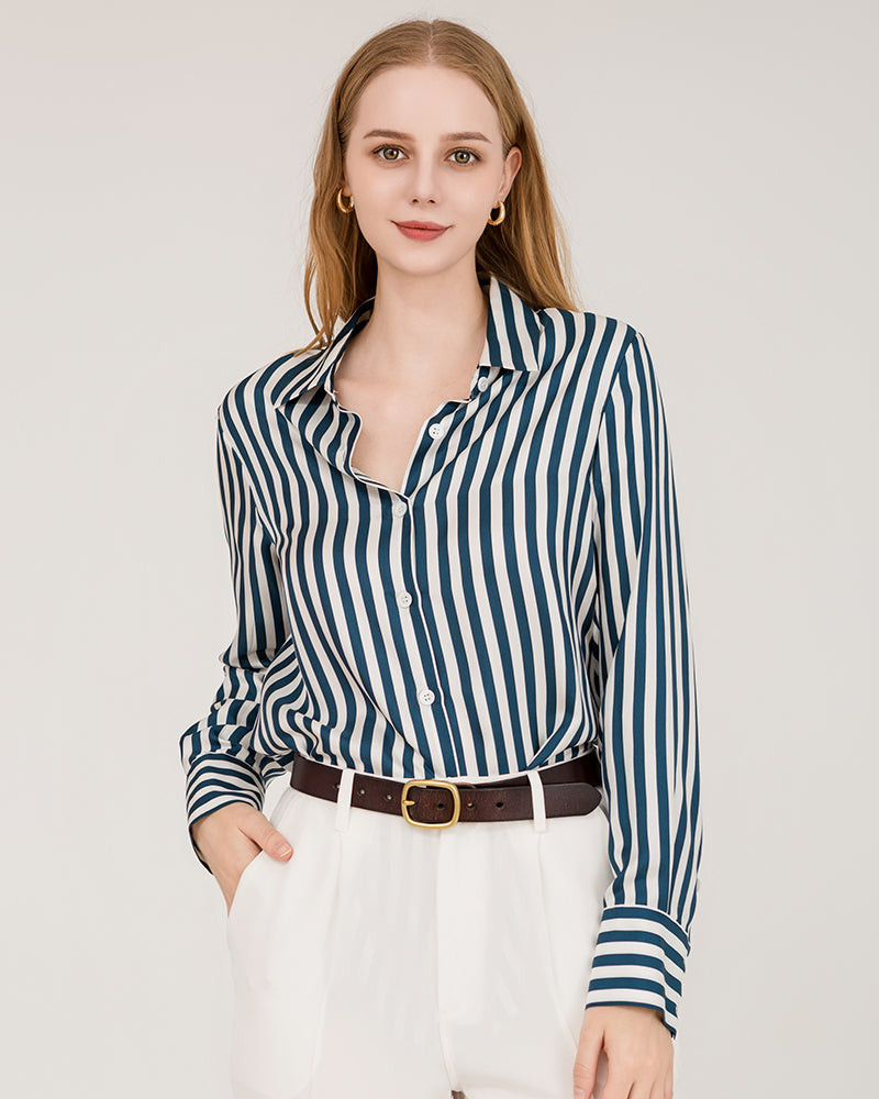 Oversize Vertical Stripe Silk Shirt, Navy