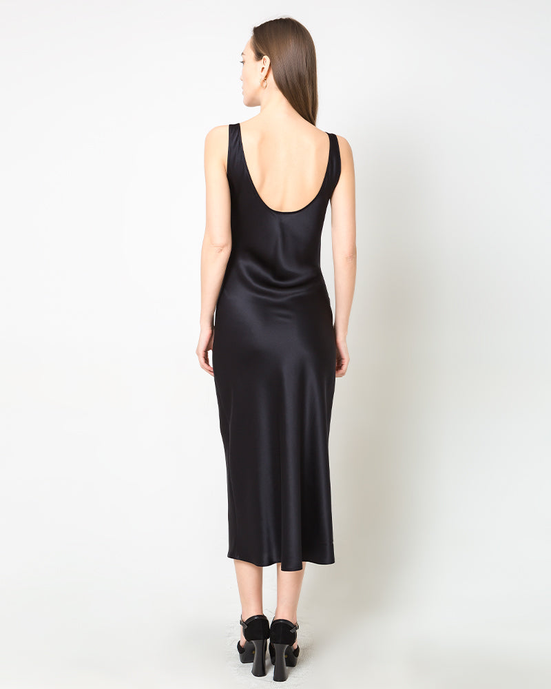 Scoop Neck Midi Silk Slip Dress, Black