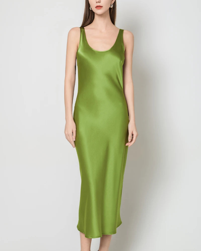 Scoop Neck Midi Silk Slip Dress, Mustard Green
