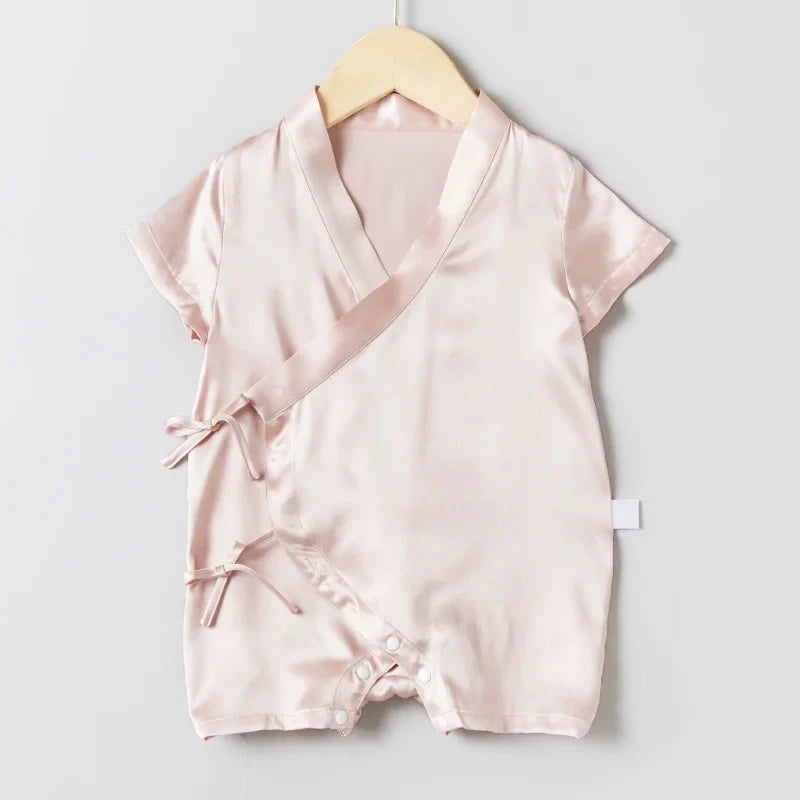 Short Sleeve Wrap Baby Silk Onesies, Pink