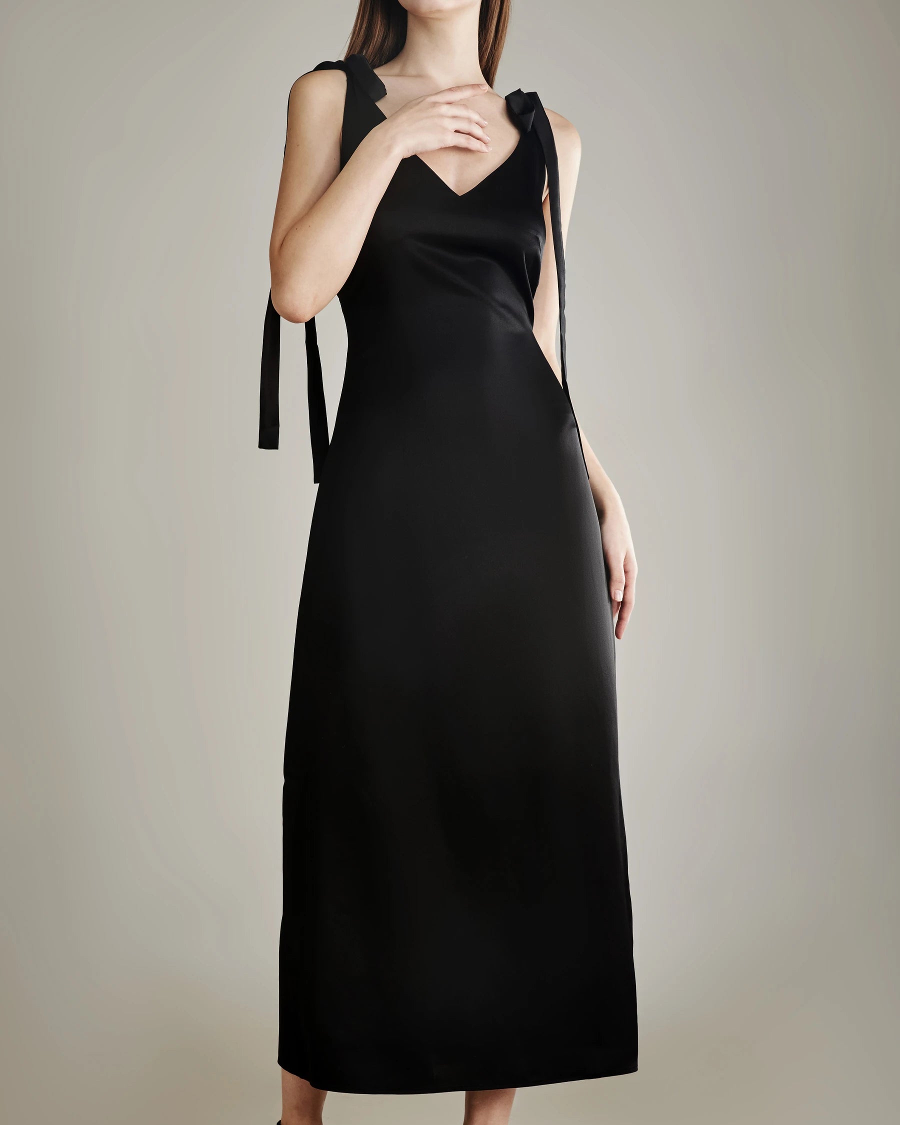 Shoulder Ties Silk Slip Dress, Black