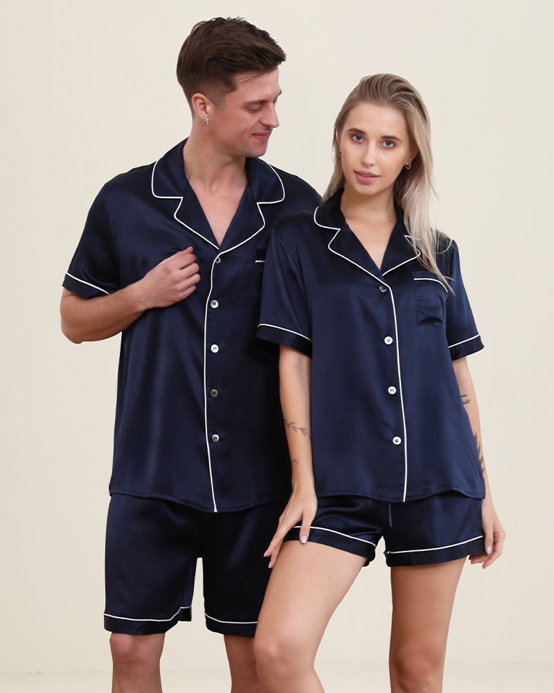 Silk Short Pajamas For Couple, Navy