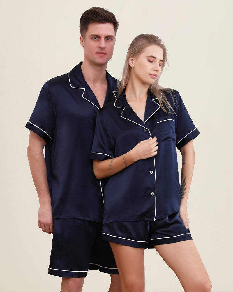 Silk Short Pajamas For Couple, Navy