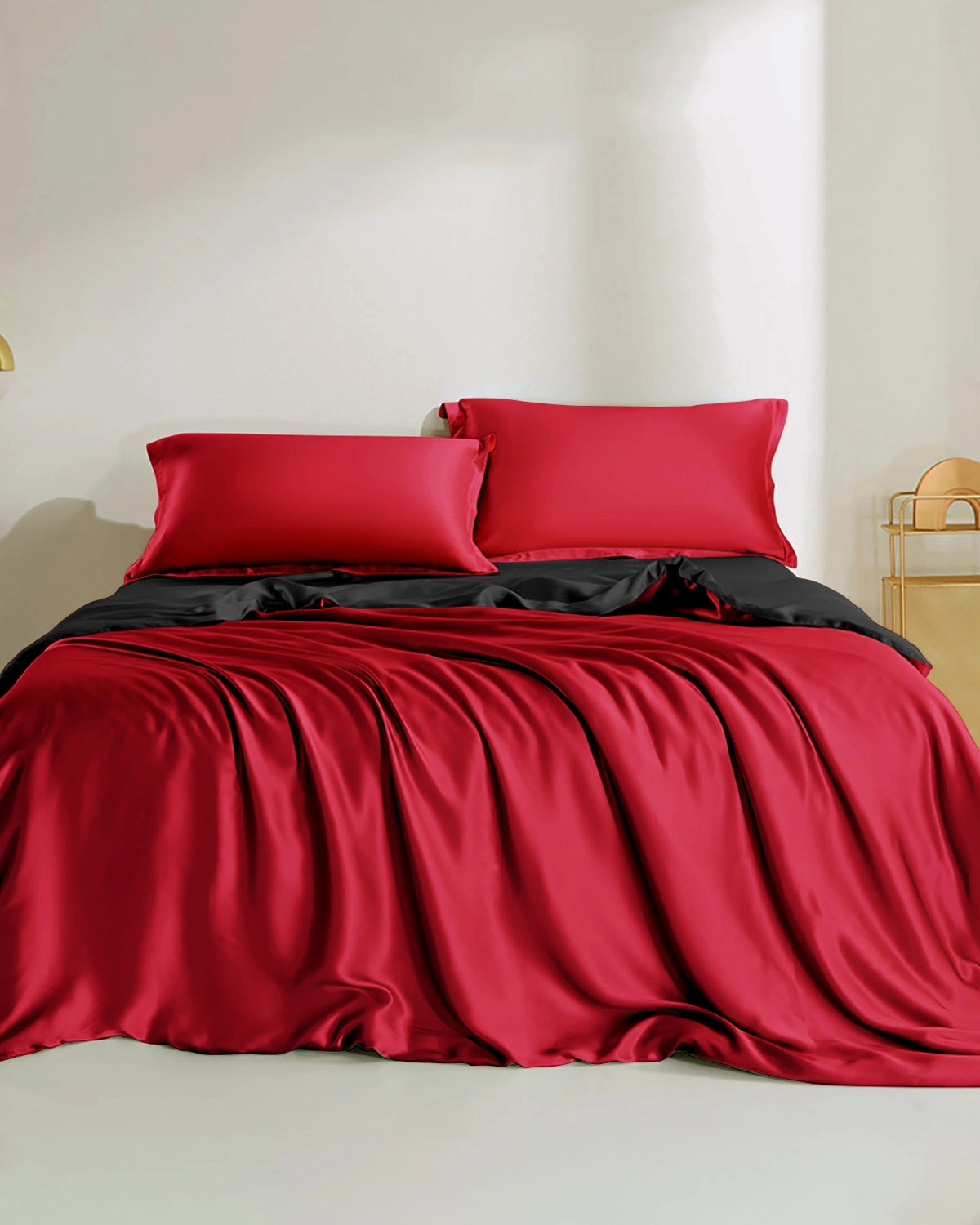 Double Color Silk Bedding Set 4PCS, Burgundy, Black