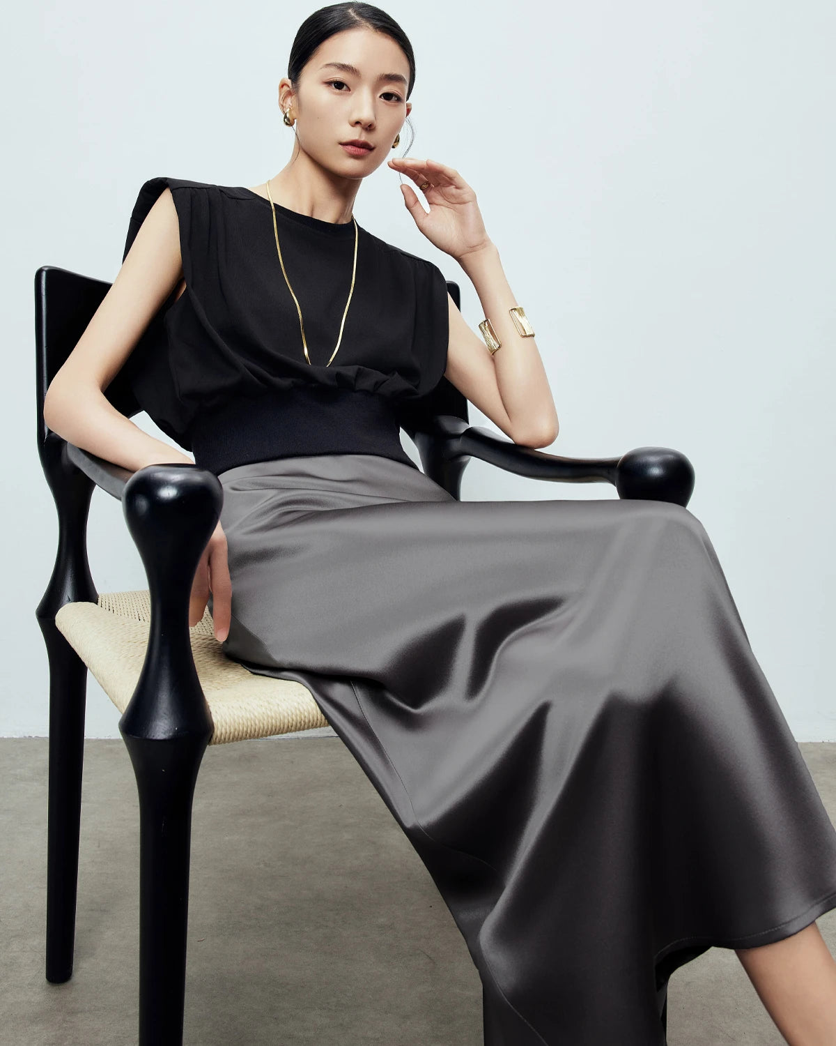 22 Momme Silk Maxi Skirt, Dark Grey