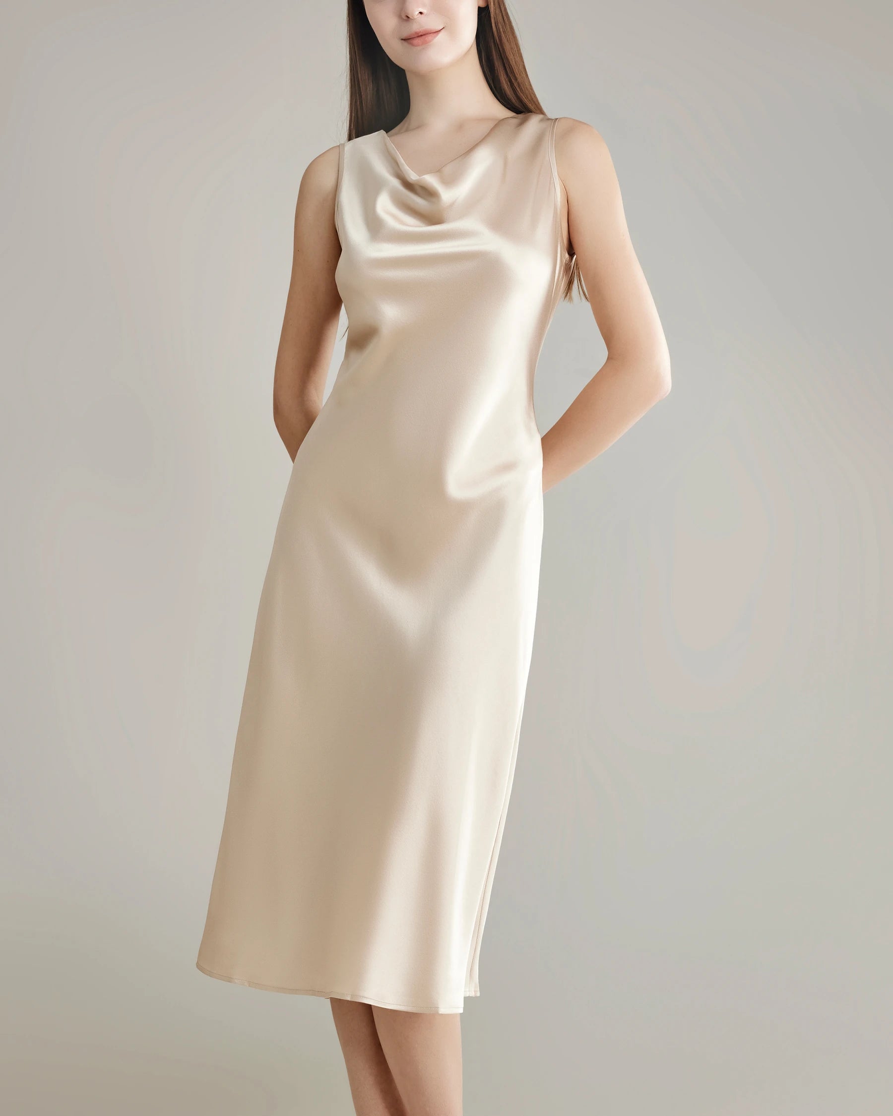 Silk Dresses with Asymmetrical Cowl Neck Champagne