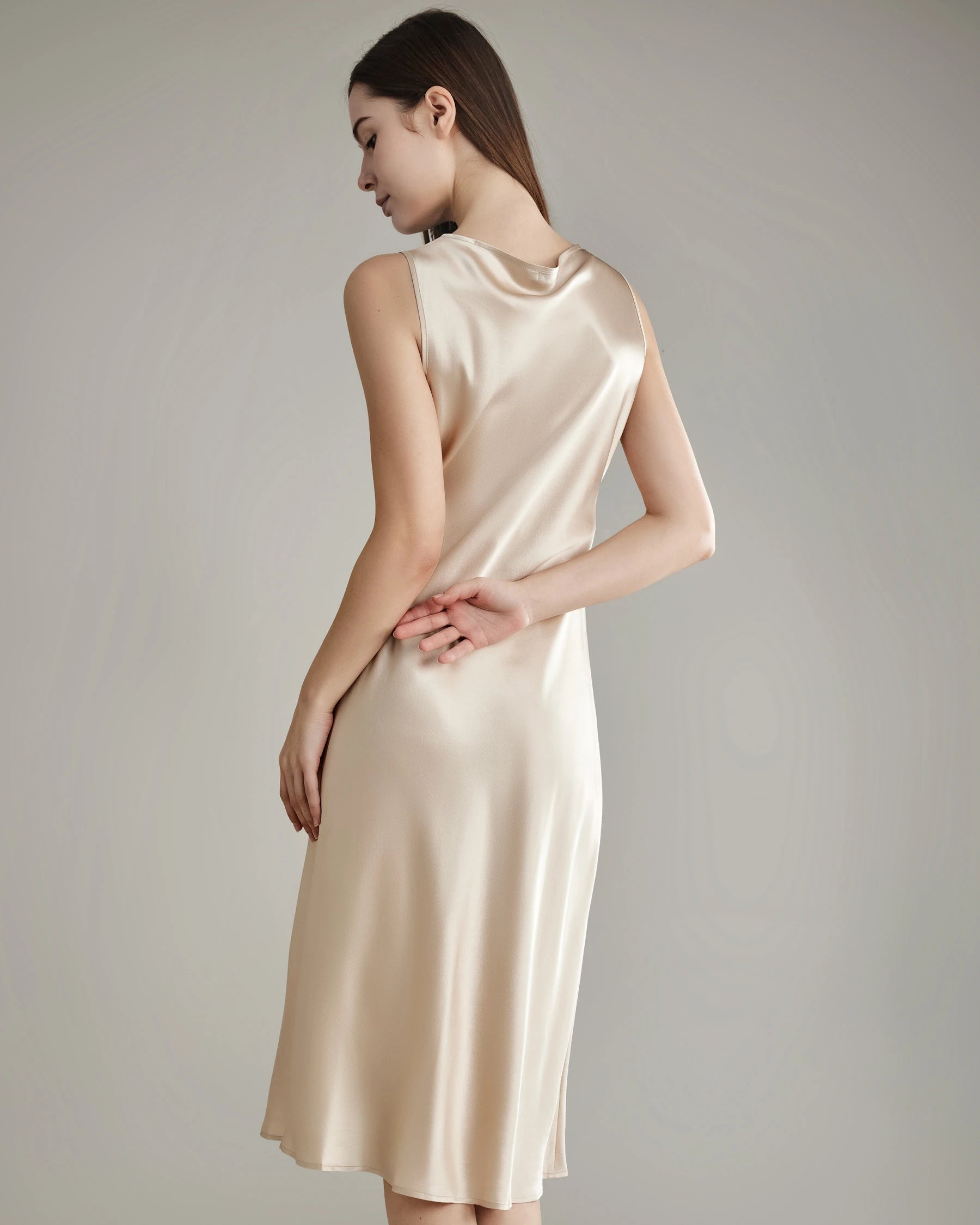 Silk Dresses with Asymmetrical Cowl Neck Champagne