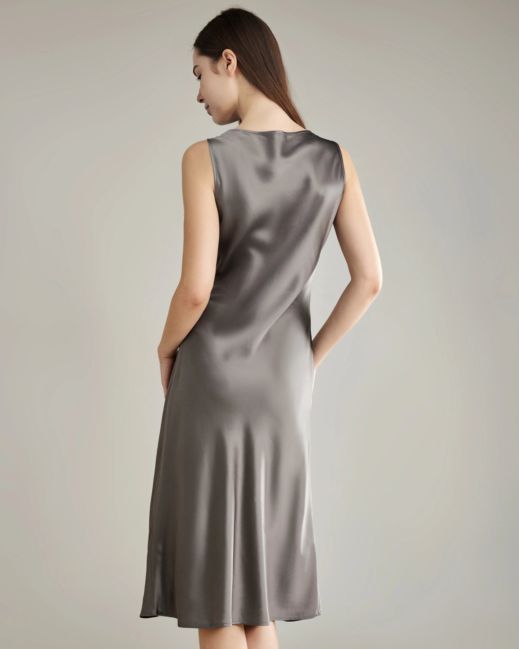 Silk Dresses with Asymmetrical Cowl Neck, Dark Grey