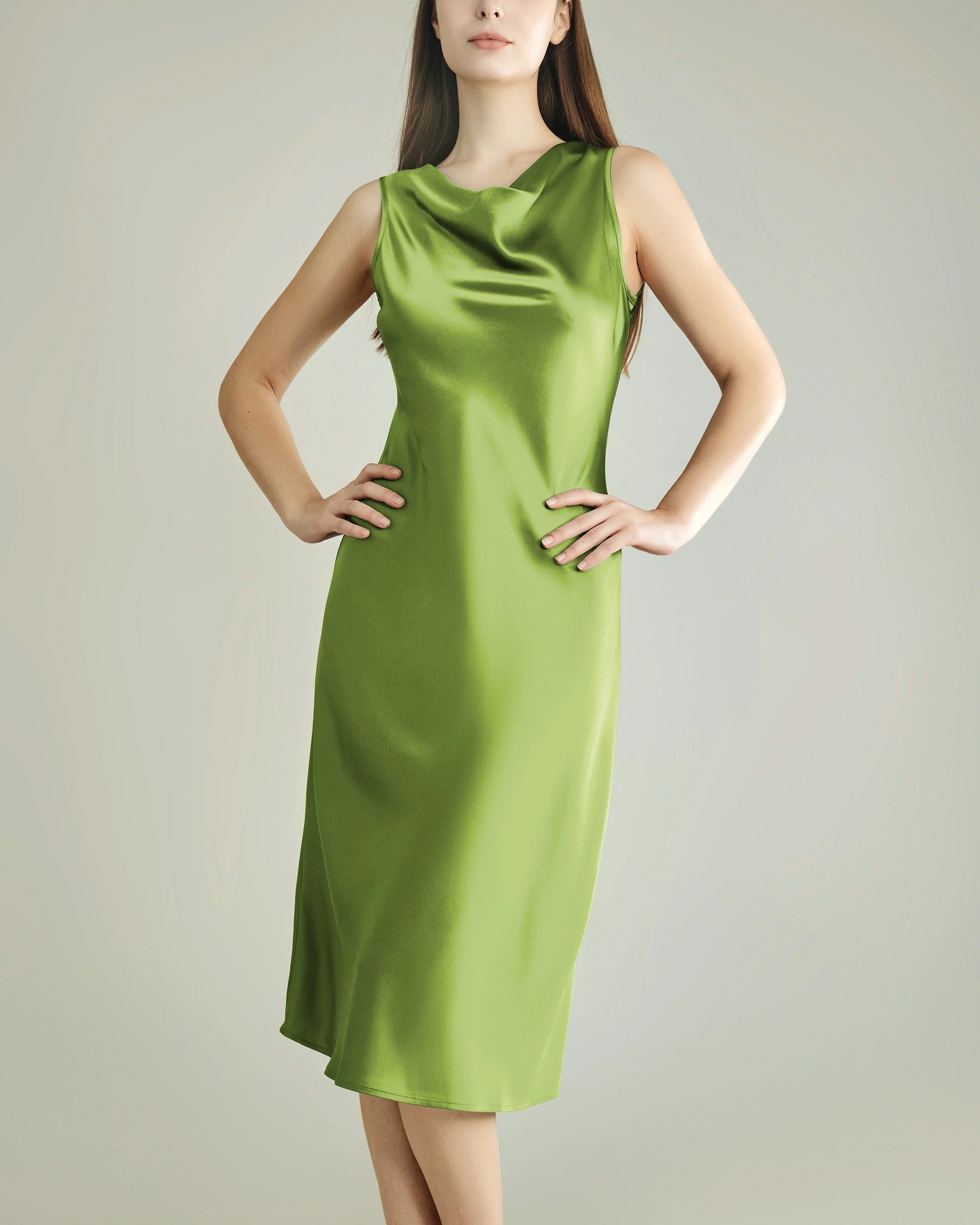 Silk Dresses with Asymmetrical Cowl Neck, Mustard Green