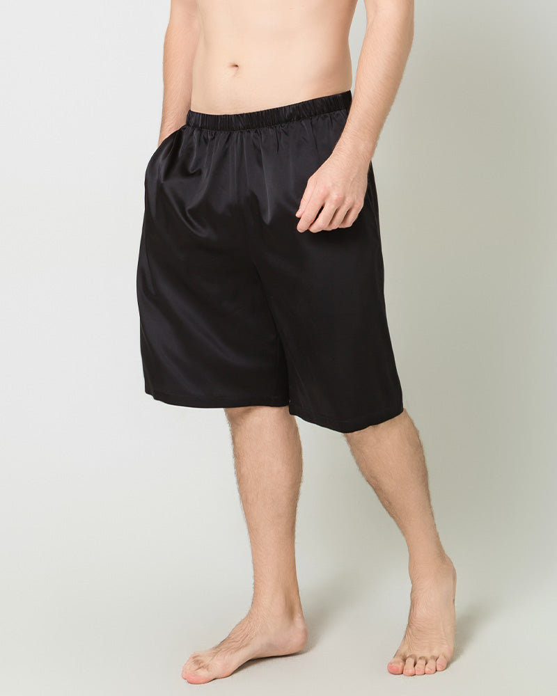 Silk Men Knee Elastic Waist Satin Underwear, Black