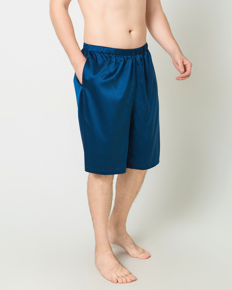 Silk Men Knee Elastic Waist Satin Underwear, Navy