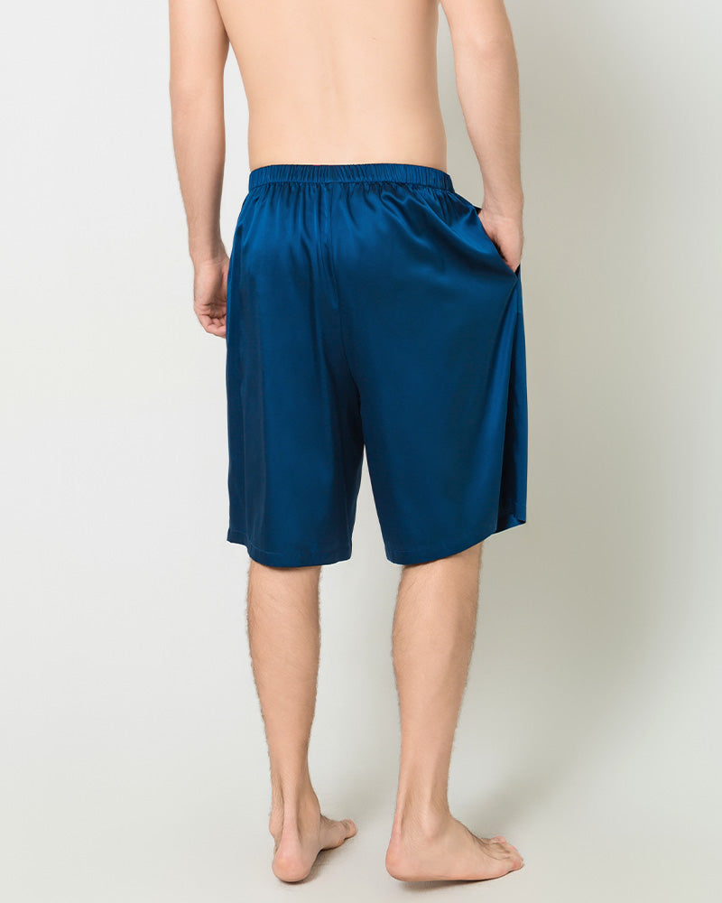 Silk Men Knee Elastic Waist Satin Underwear, Navy