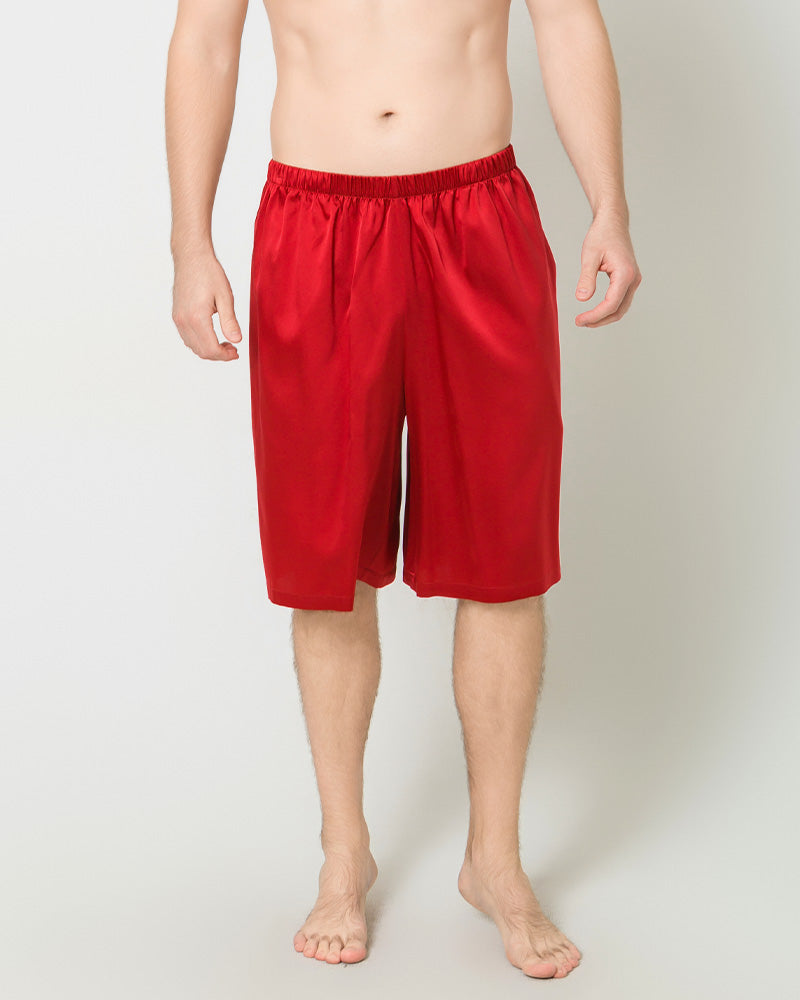 Silk Men Knee Elastic Waist Satin Underwear, Red
