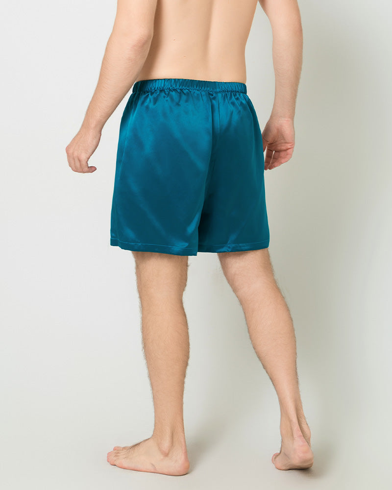 Men Satin Silk Lounge Shorts, Peacock Blue