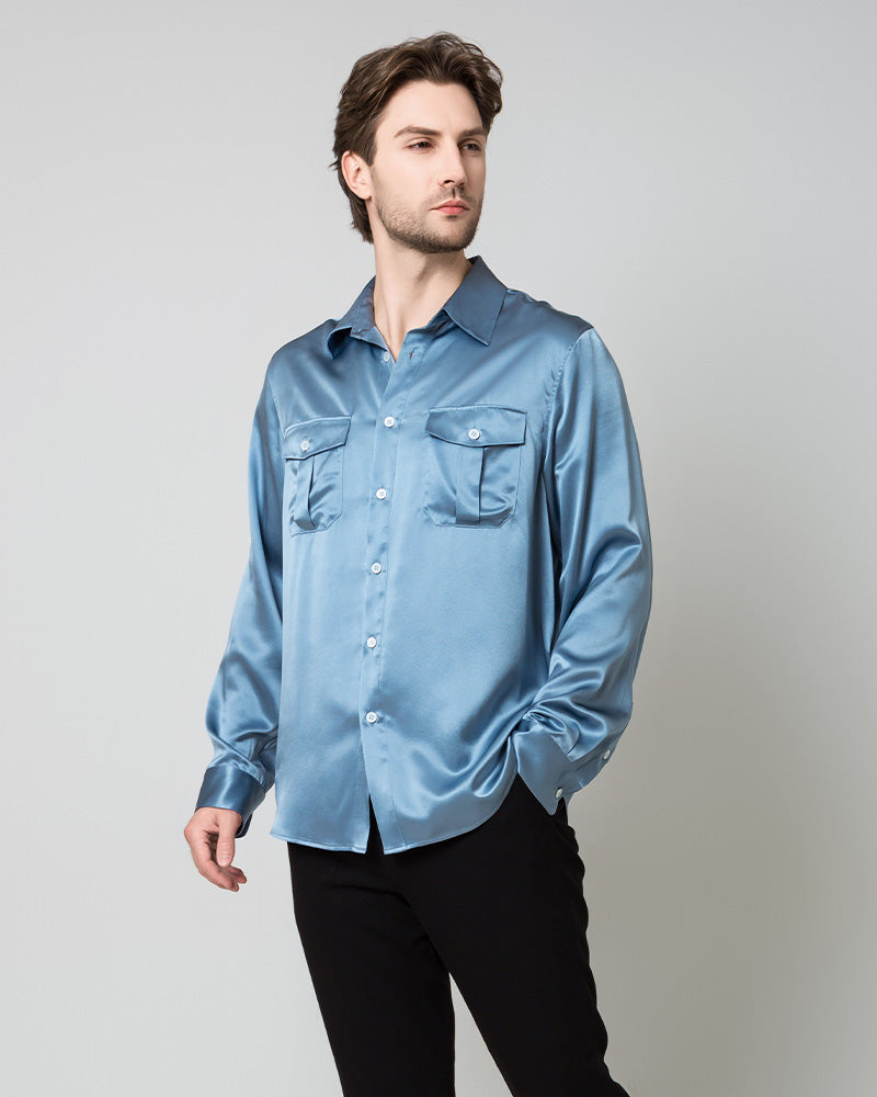 Silk Men's Button Up Overshirt, Blue